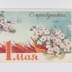 Открытка СССР 1 мая 1961 Круглов подписана соцреализм флаги демонстрация весна мир труд май кумач