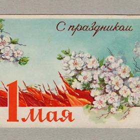 Открытка СССР. С праздником 1 Мая! Круглов, 1962, подписана, знамена, демонстрация, весна, цветение