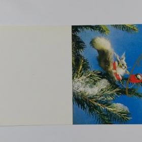 Открытка СССР Новый год 1986 Куприянов чистая двойная не согнута соцреализм телефон белка птицы