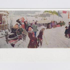 Открытка СССР Финиш 1960 Мазитов штамп соцреализм детство зимний лыжный спорт соревнования флаг