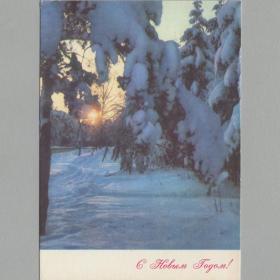 Открытка СССР Новый год 1970 Раскин чистая новогодняя ночь зимний пейзаж лес зимняя сказка рассвет