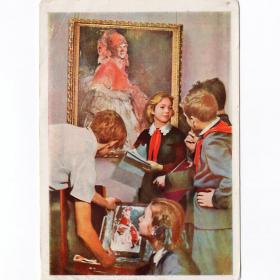 Открытка СССР Юные художники 1960 Тюккель чистая соцреализм пионерия детство школьная форма ученики