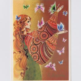 Открытка СССР 8 Марта 1989 Величкина подписана детство девушка красавица бабочки женственность весна