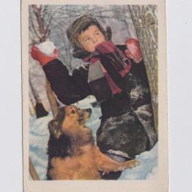 Открытка СССР. Игра в снежки. Зельма, 1961, чистая, детство, зима, дети, мальчик, собака, редкая