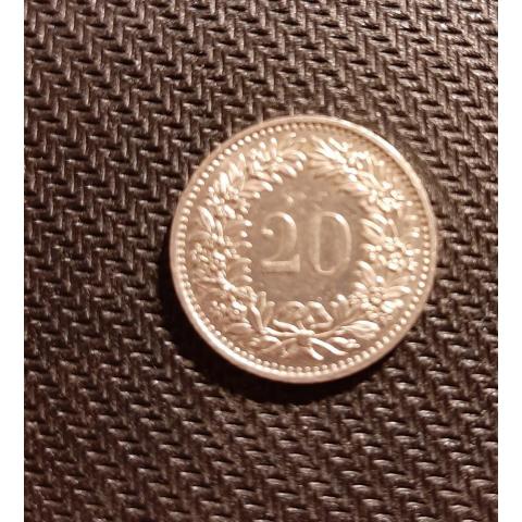 Монета 20 раппен 1975 год Швейцария