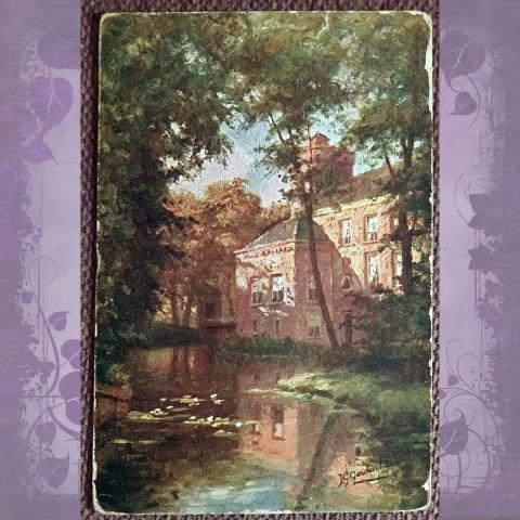 Антикварная открытка "Дом с прудом"