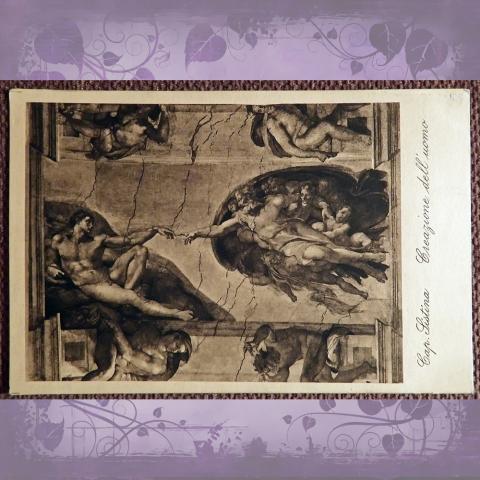 Антикварная открытка. Микеланджело "Создание Адама". Фрагмент потолка Сикстинской капеллы. Ватикан