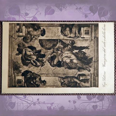 Антикварная открытка. Микеланджело "Сотворение Солнца и Луны". Фреска, фрагмент